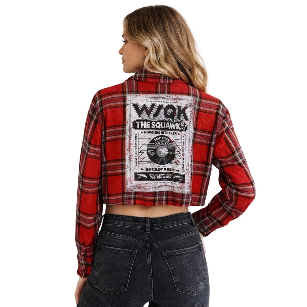 NWT Stranger Things Cropped Flannel Shirt Plaid Red WSQK Graphic XS